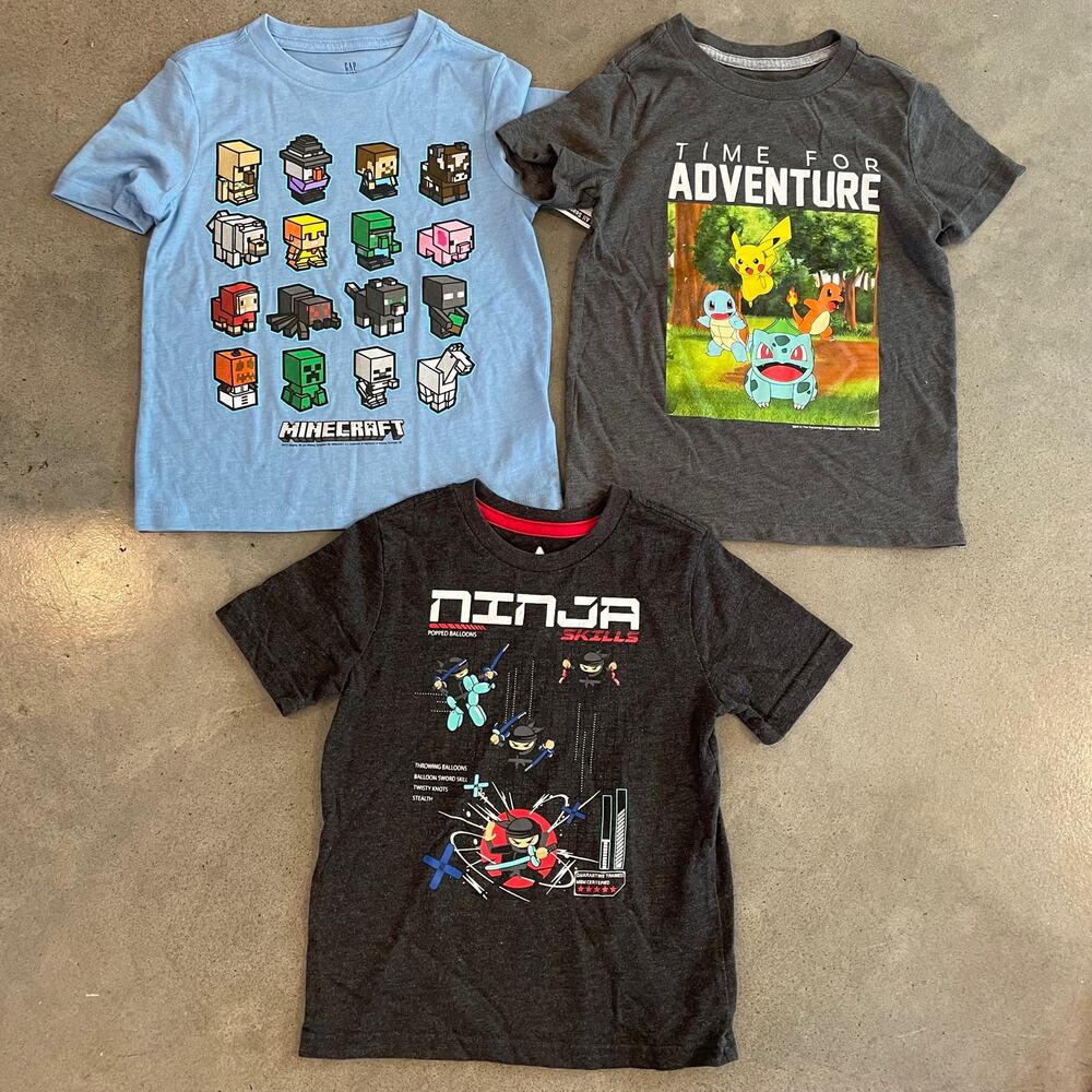 Gap kids Minecraft blue tee old navy gray pokemon Ninja tshirt boys size XS 4/5
